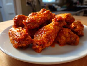 A close-up of crispy, saucy buffalo wings piled high on a white plate.