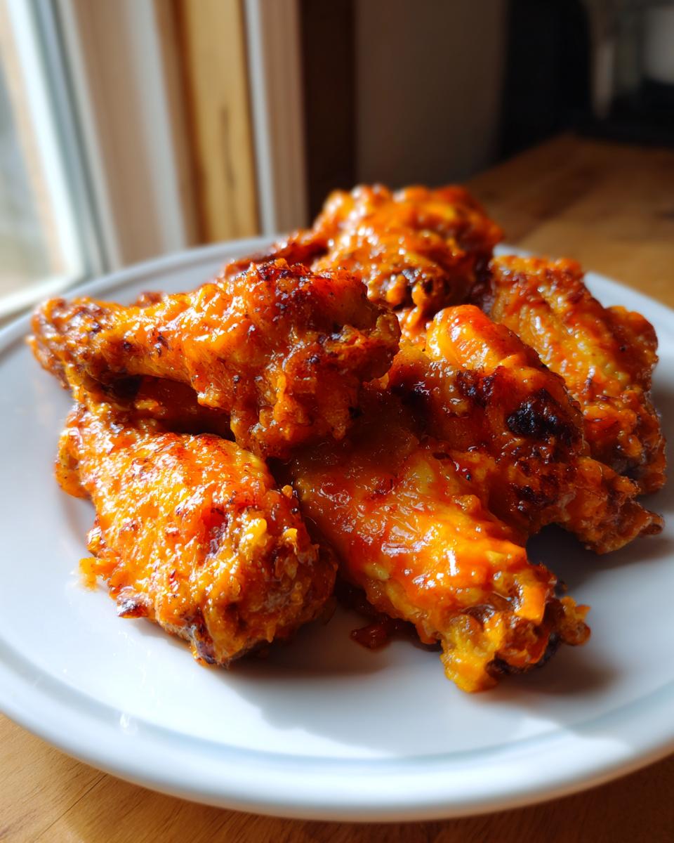 Close-up of several crispy, saucy buffalo wings piled on a white plate near a window.