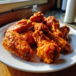 Close-up of crispy, saucy buffalo wings piled high on a white plate, ready to eat.