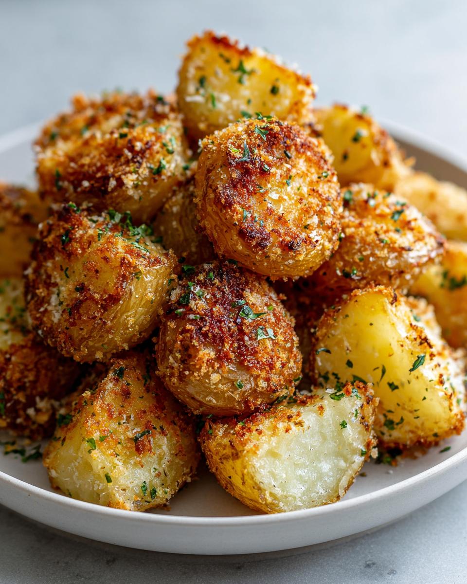 A close-up of perfectly crispy oven roasted potatoes piled high and sprinkled with herbs.