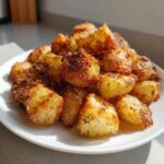 A mound of golden brown, crispy oven roasted potatoes seasoned with herbs on a white plate.