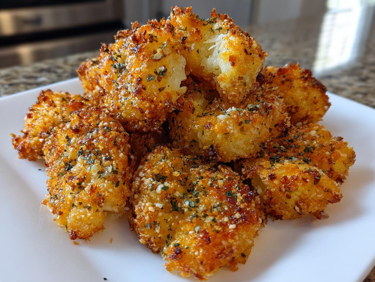 A pile of golden brown, crispy oven roasted potatoes coated in herbs and seasoning on a white plate.
