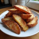 A pile of golden brown, crispy potato wedges dusted with seasoning on a white plate.