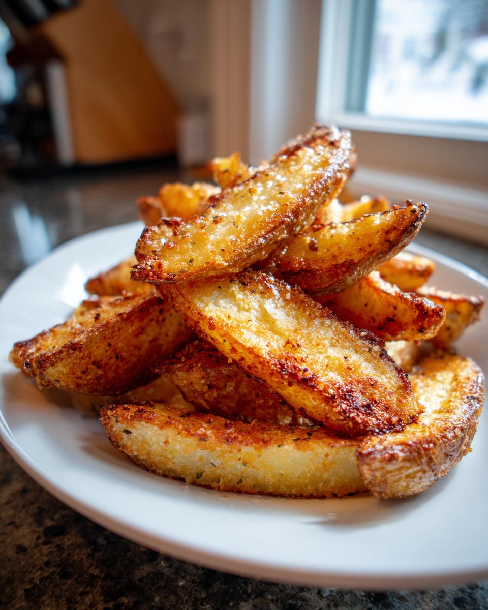 Close-up of a pile of golden brown, seasoned potato wedges served on a white plate.