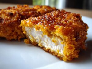 Close-up of a piece of crunchy, glazed hot honey chicken cut in half showing moist white meat.
