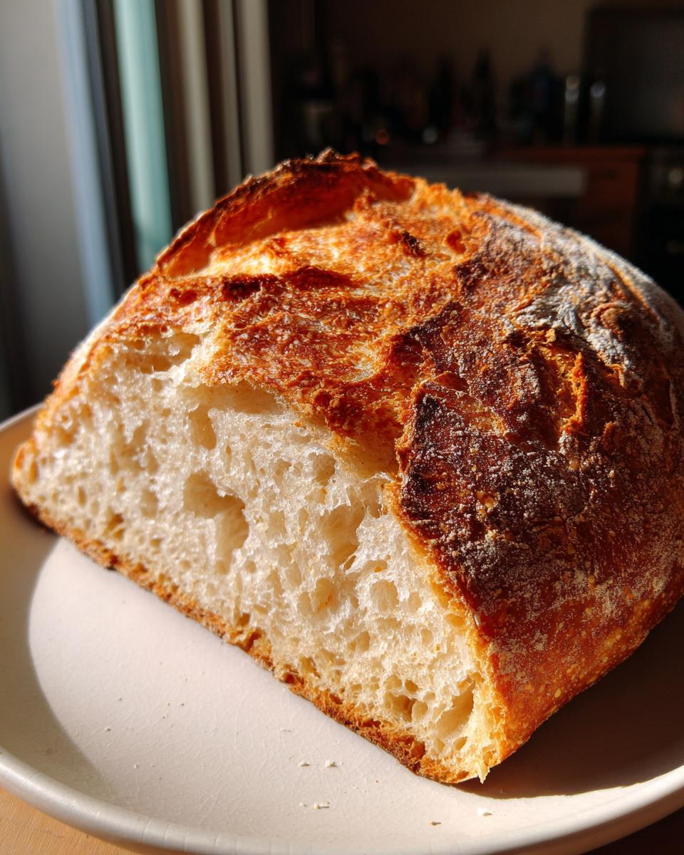 Close-up of a freshly baked loaf of crusty italian bread, showing the airy interior crumb and deeply browned crust.