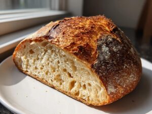 A close-up of a freshly baked loaf of crusty italian bread, sliced to show the airy, open crumb structure.