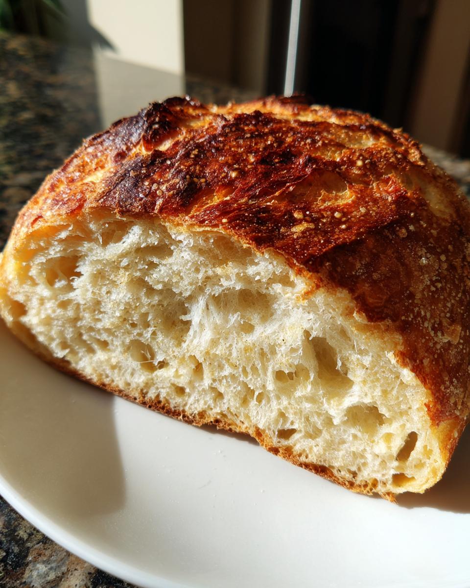 Close-up of a freshly baked piece of crusty italian bread showing its airy, open interior crumb structure.