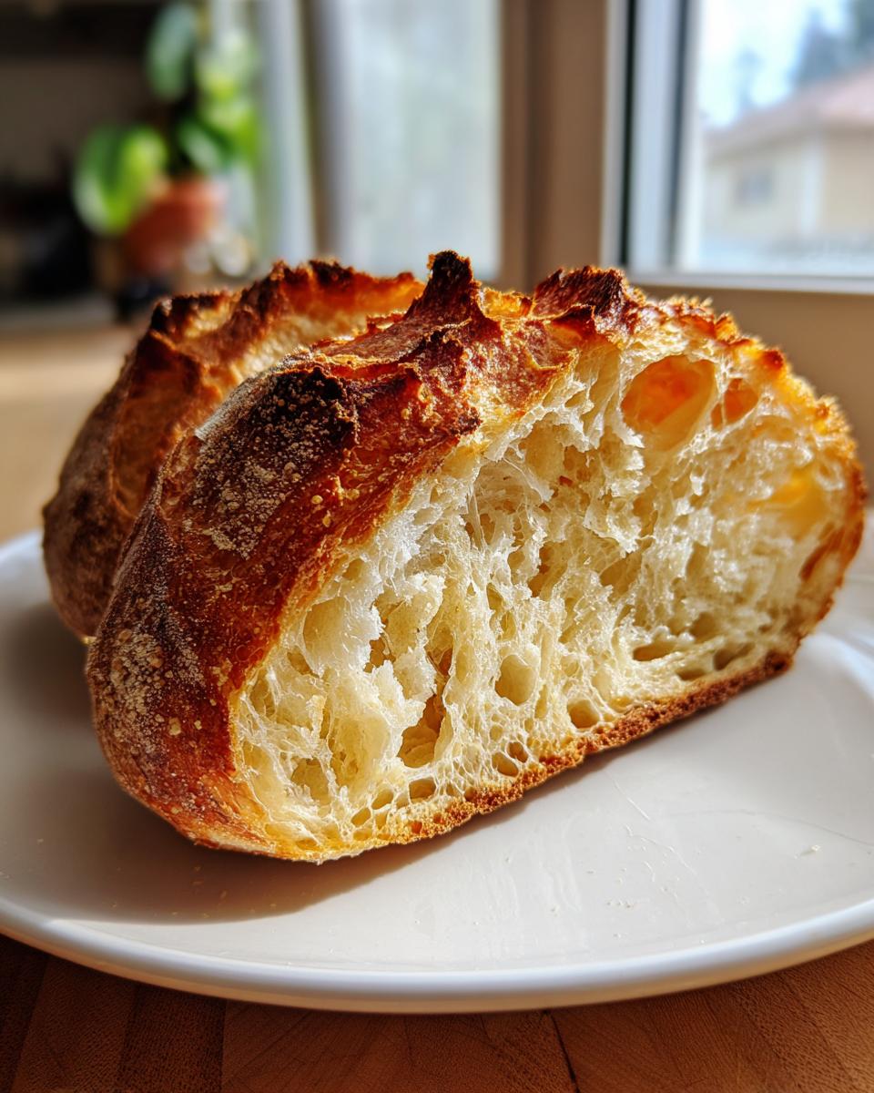 Cross-section of a loaf showing the airy, open crumb structure of the crusty Italian bread.