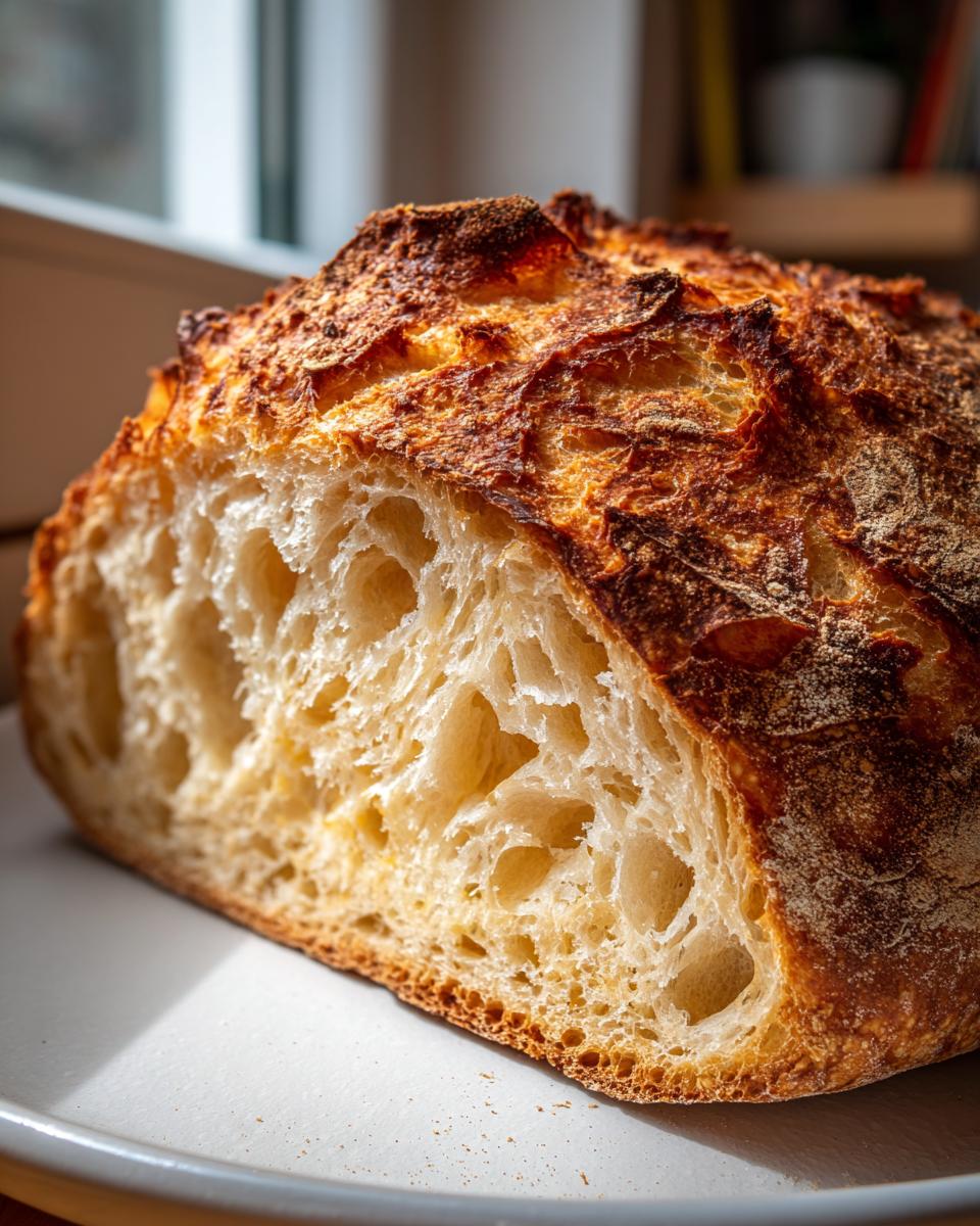 Close-up of a freshly baked loaf of crusty Italian bread, showing a deep golden-brown crust and airy interior crumb.