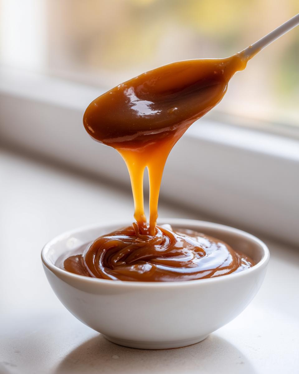 A spoonful of thick, glossy date caramel is being poured back into a small white bowl, showing its rich texture.