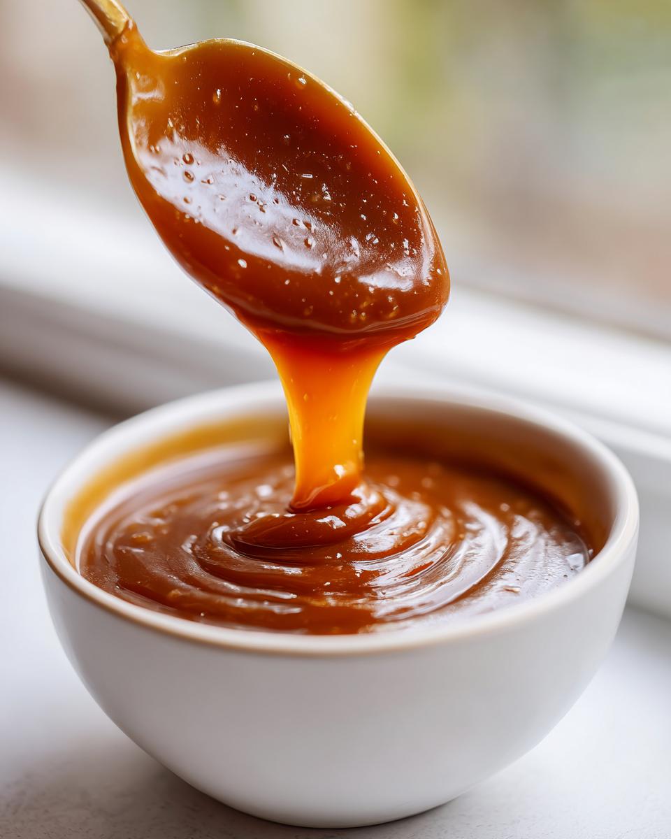 Close-up of thick, rich date caramel dripping from a golden spoon back into a white bowl.