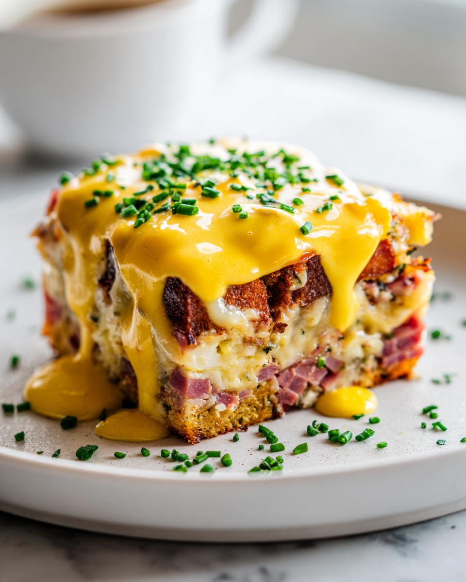 A thick slice of eggs benedict casserole topped with rich yellow hollandaise sauce and fresh chives.