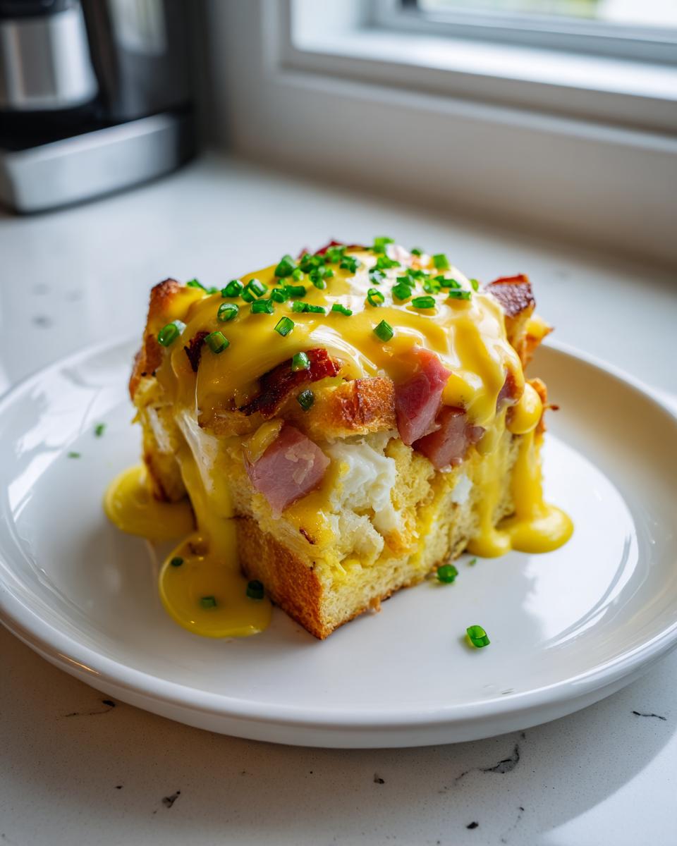 A square serving of eggs benedict casserole topped with rich hollandaise sauce and chopped chives.
