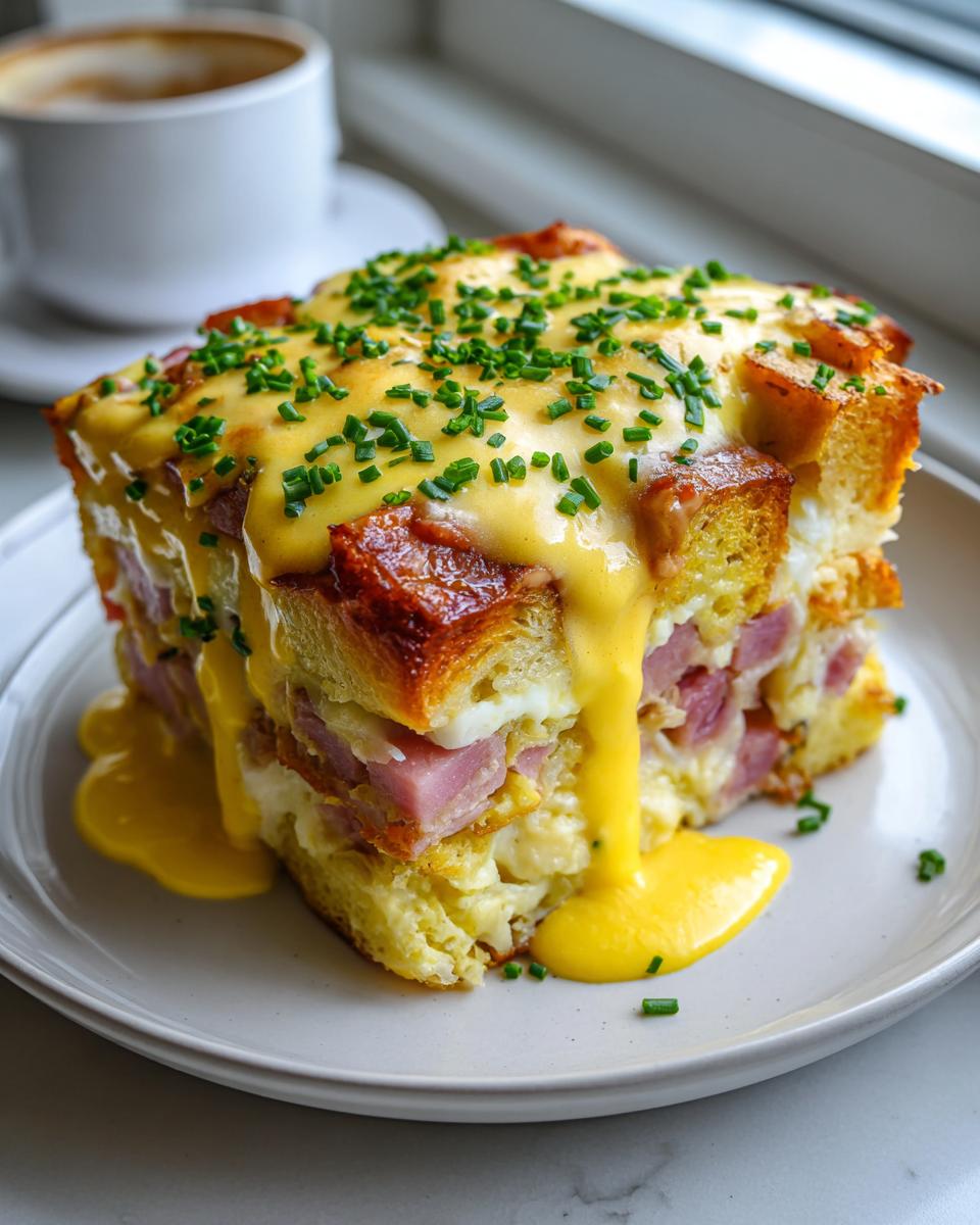 A thick slice of eggs benedict casserole layered with bread, ham, and egg, topped with rich hollandaise sauce and chives.