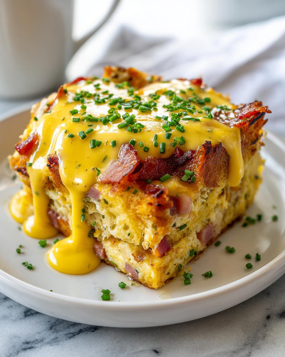 A square serving of eggs benedict casserole topped with rich hollandaise sauce and fresh chives.