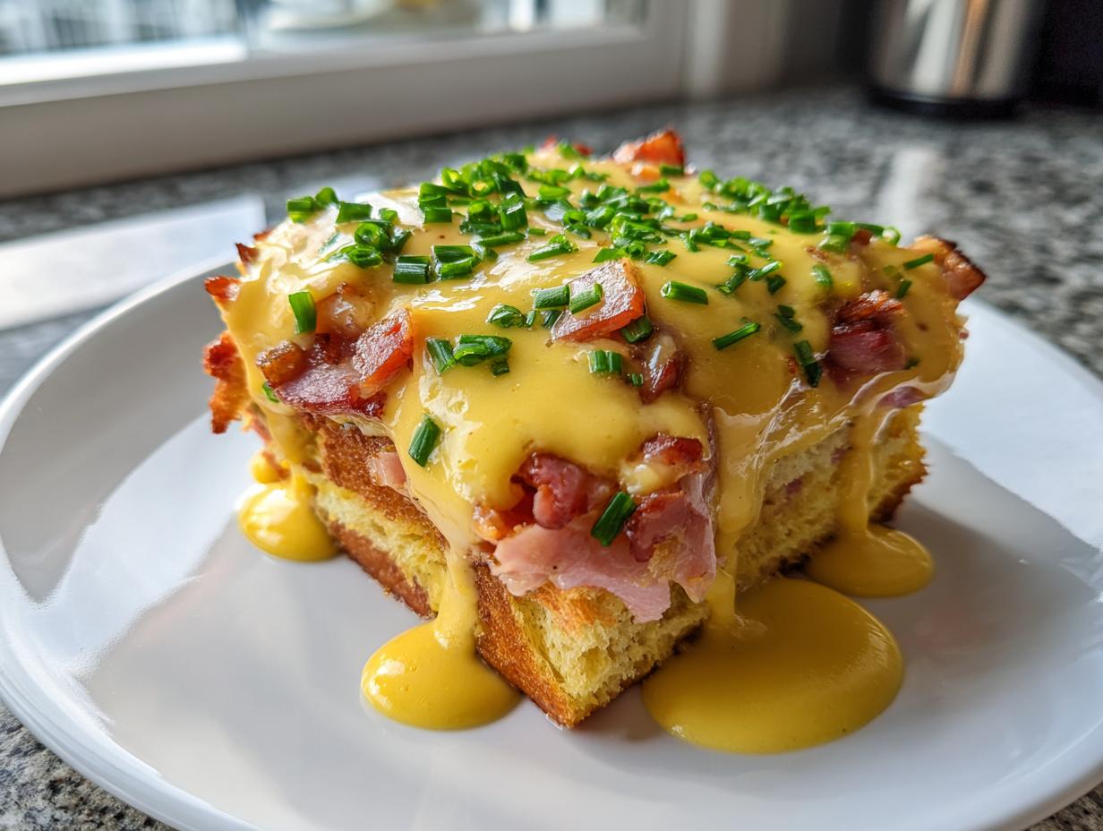 A square serving of eggs benedict casserole topped with bacon, rich hollandaise sauce, and fresh chives.