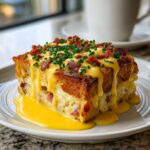 A thick slice of eggs benedict casserole topped with rich hollandaise sauce, bacon bits, and chives.