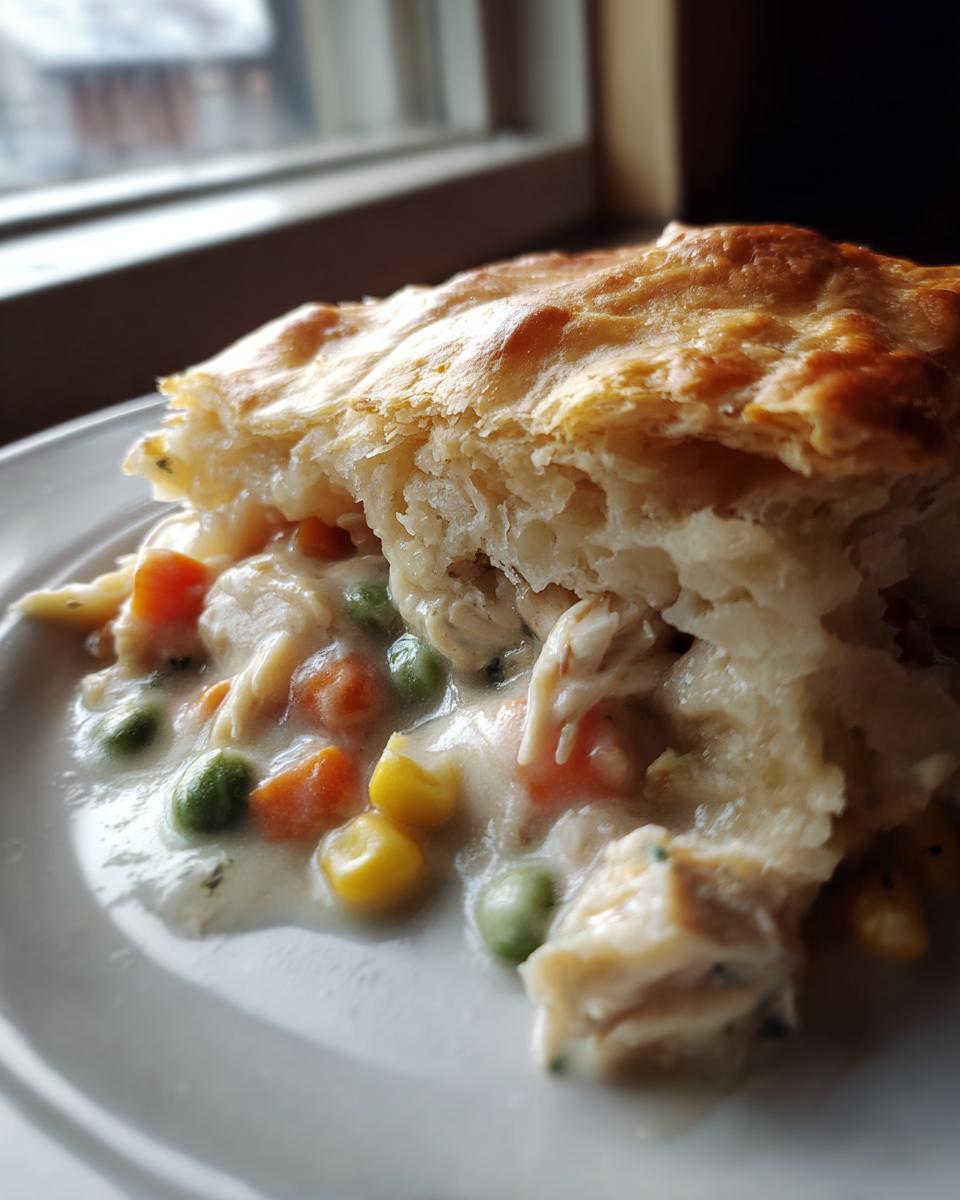 Close-up of a serving of chicken pot pie recipe showing creamy filling with peas, carrots, and a flaky golden crust.