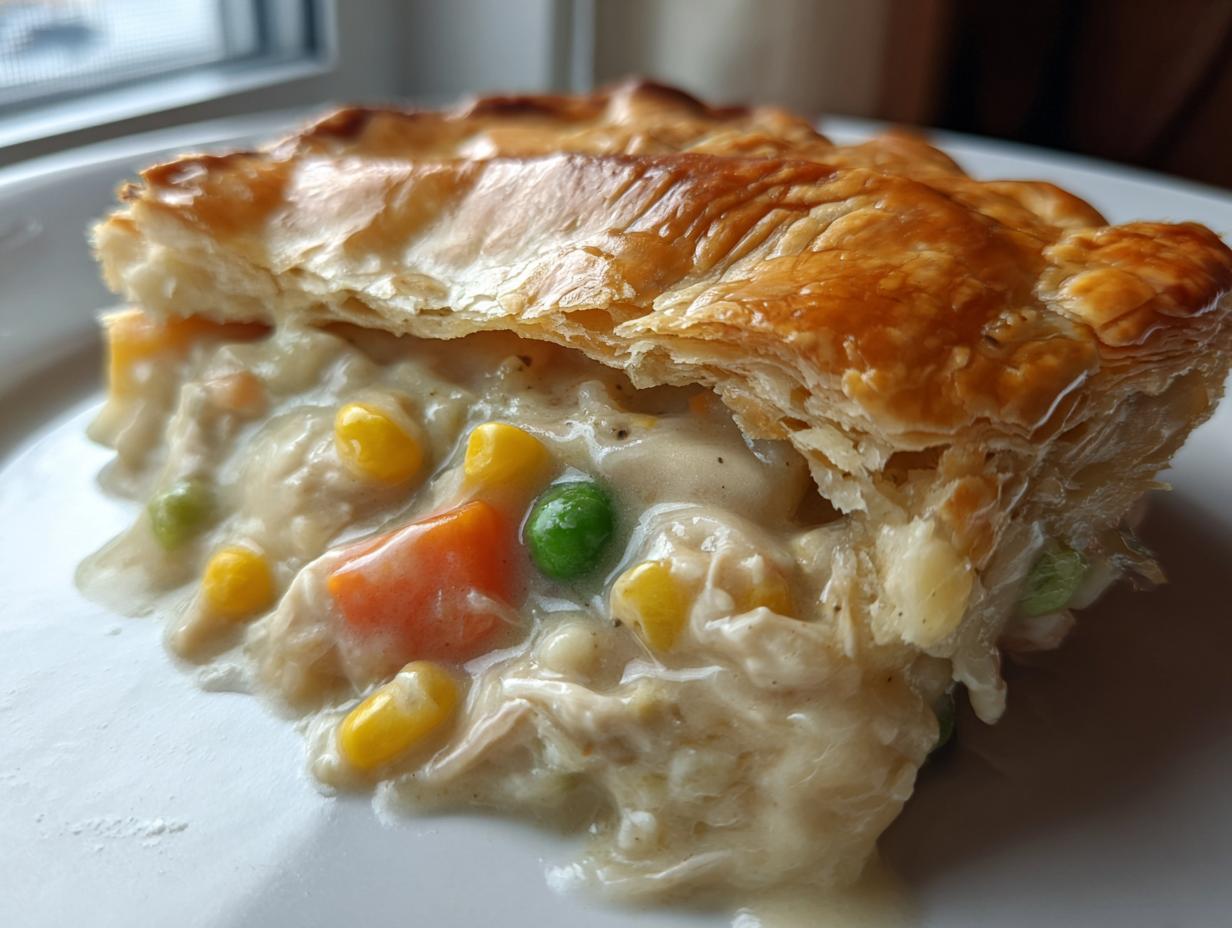 Close-up of a slice of chicken pot pie recipe showing creamy filling with chicken, corn, peas, and carrots under a golden, flaky crust.