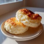 Two golden-brown, fluffy pieces of cloud bread stacked slightly on a small ceramic plate.