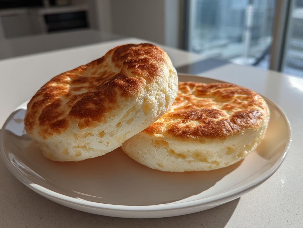Two golden-brown, fluffy pieces of homemade cloud bread sitting on a white plate near a sunny window.