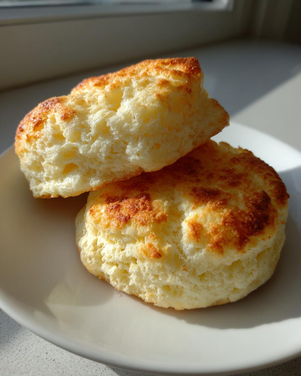Two golden-brown pieces of fluffy cloud bread stacked on a white plate, showing the airy interior.
