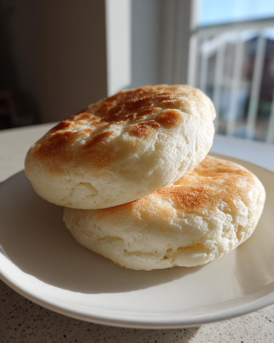 Two golden-brown, fluffy cloud bread rounds stacked slightly on a white plate, ready to eat.