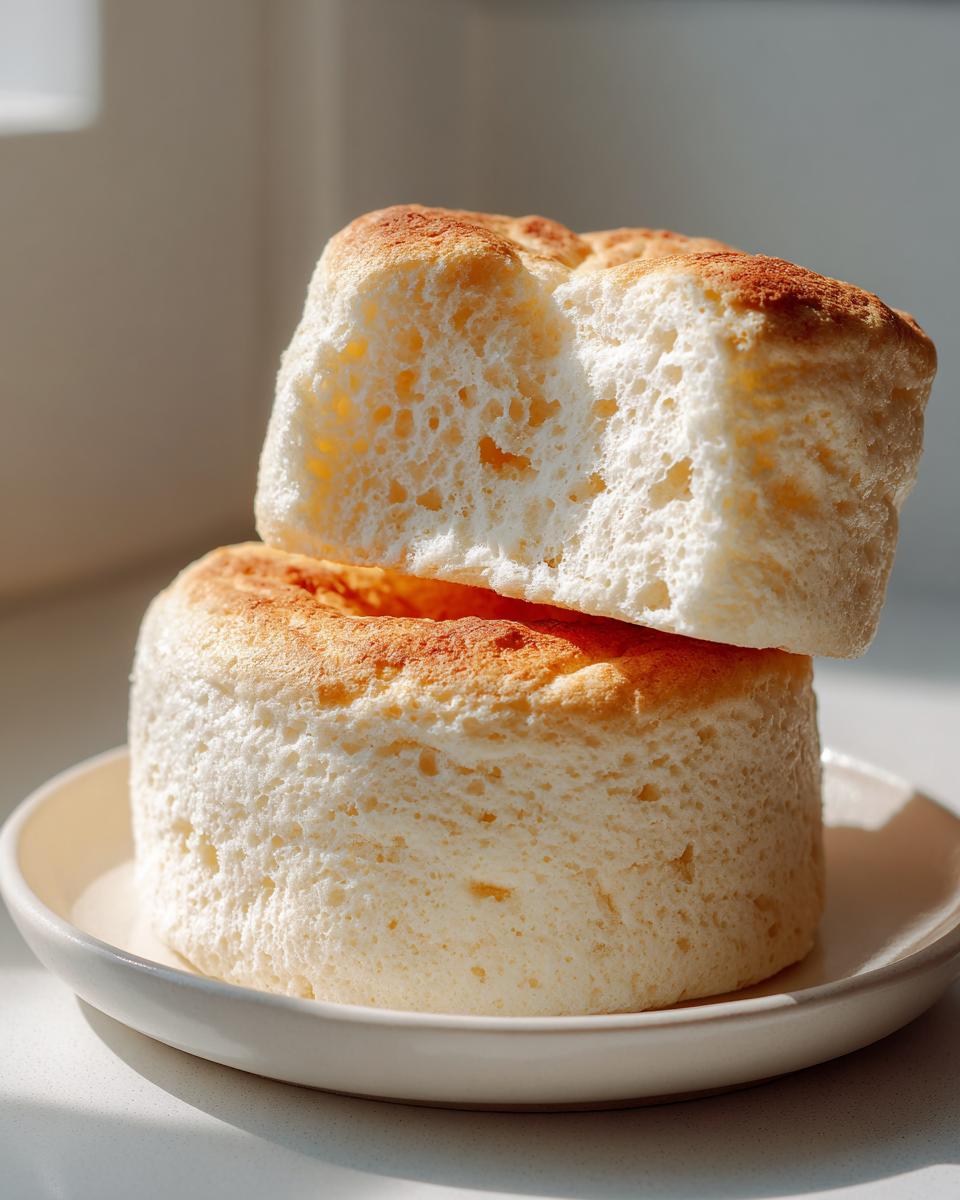 Two pieces of incredibly fluffy, white cloud bread stacked, showing the airy interior texture.