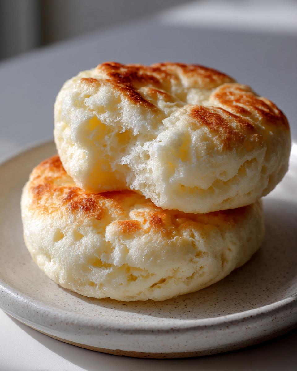 Two fluffy, golden-brown cloud bread rounds stacked on a speckled ceramic plate, showing the airy texture.