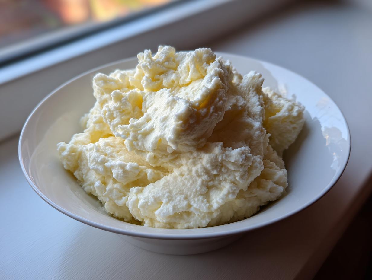 A white bowl filled with light, fluffy, and slightly textured mashed potatoes recipe, set near a window.