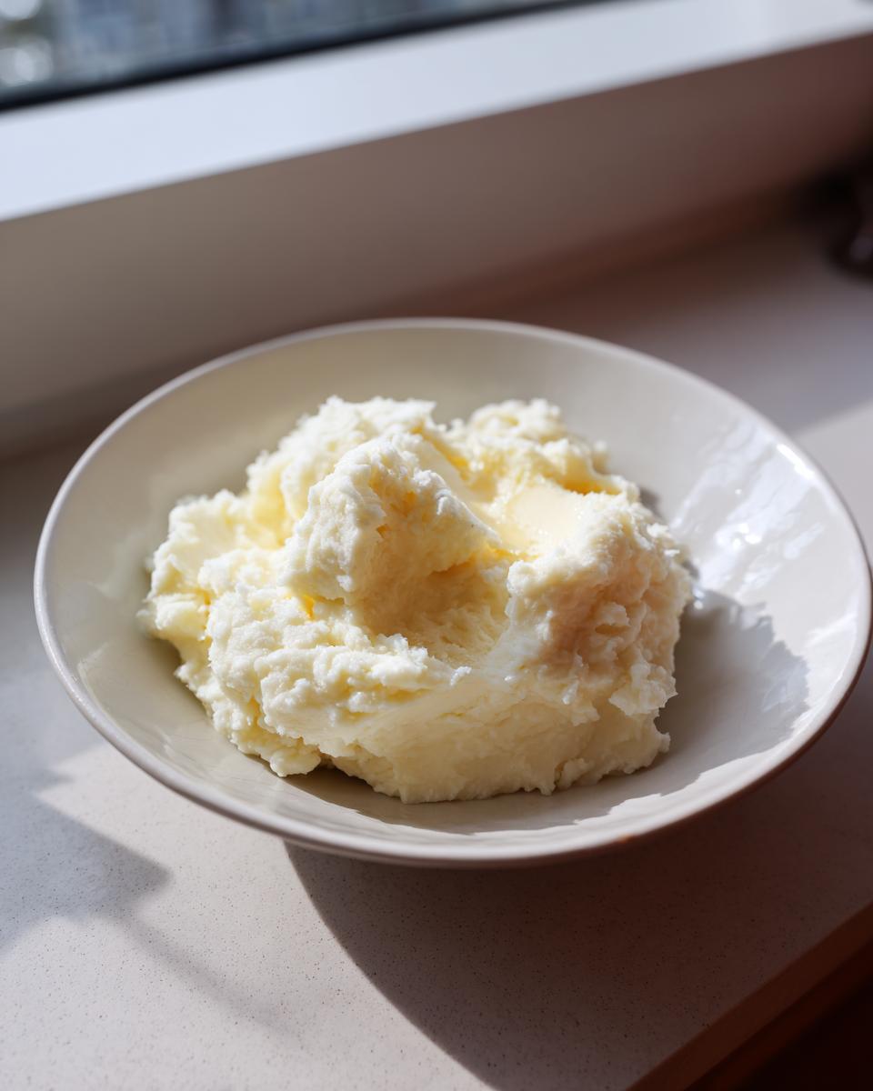 A bowl filled with fluffy, creamy mashed potatoes recipe, topped with melting butter, sitting by a window.