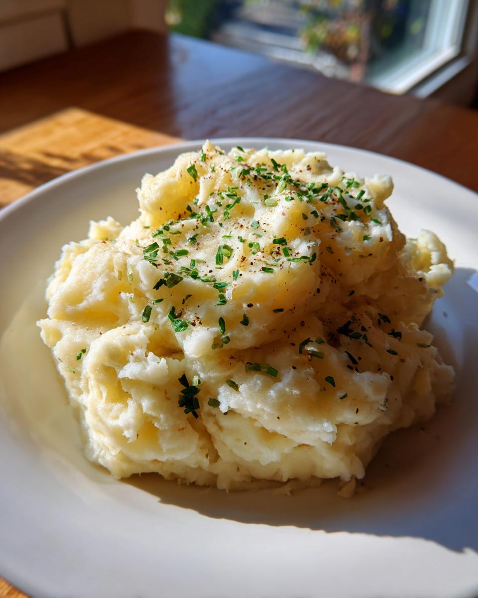 A generous serving of fluffy mashed potatoes recipe topped with freshly chopped chives and cracked black pepper.