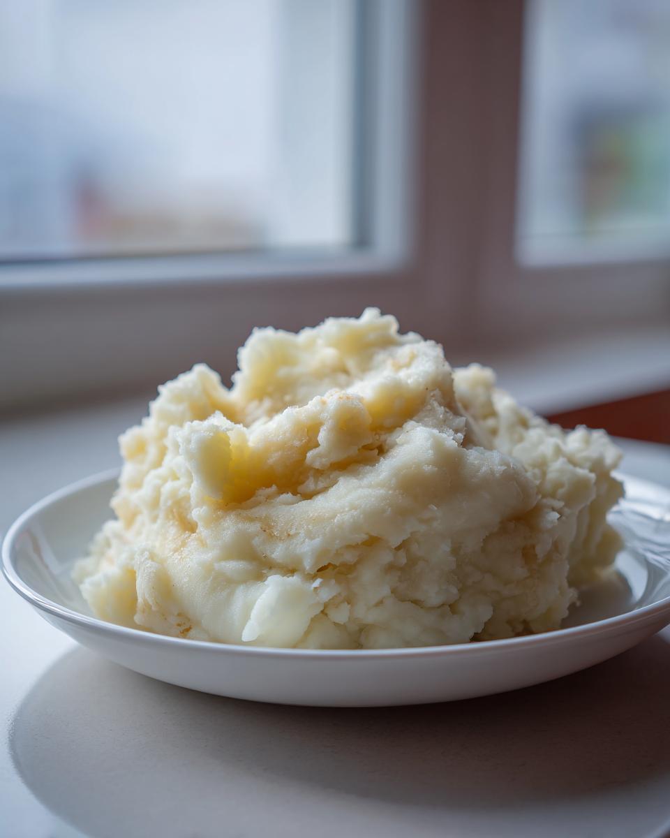 A generous serving of creamy, fluffy mashed potatoes recipe in a white bowl near a window.