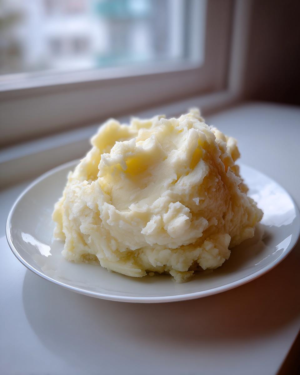 A generous scoop of creamy, fluffy mashed potatoes recipe served on a small white plate near a window.