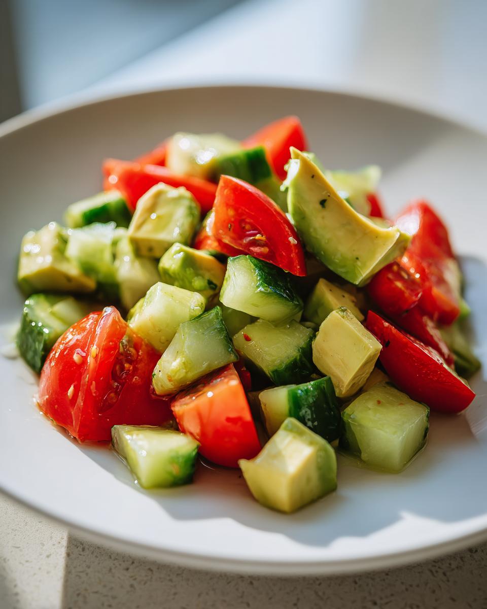 Close-up of diced avocado, cucumber, and tomato chunks making up a fresh avocado salad.