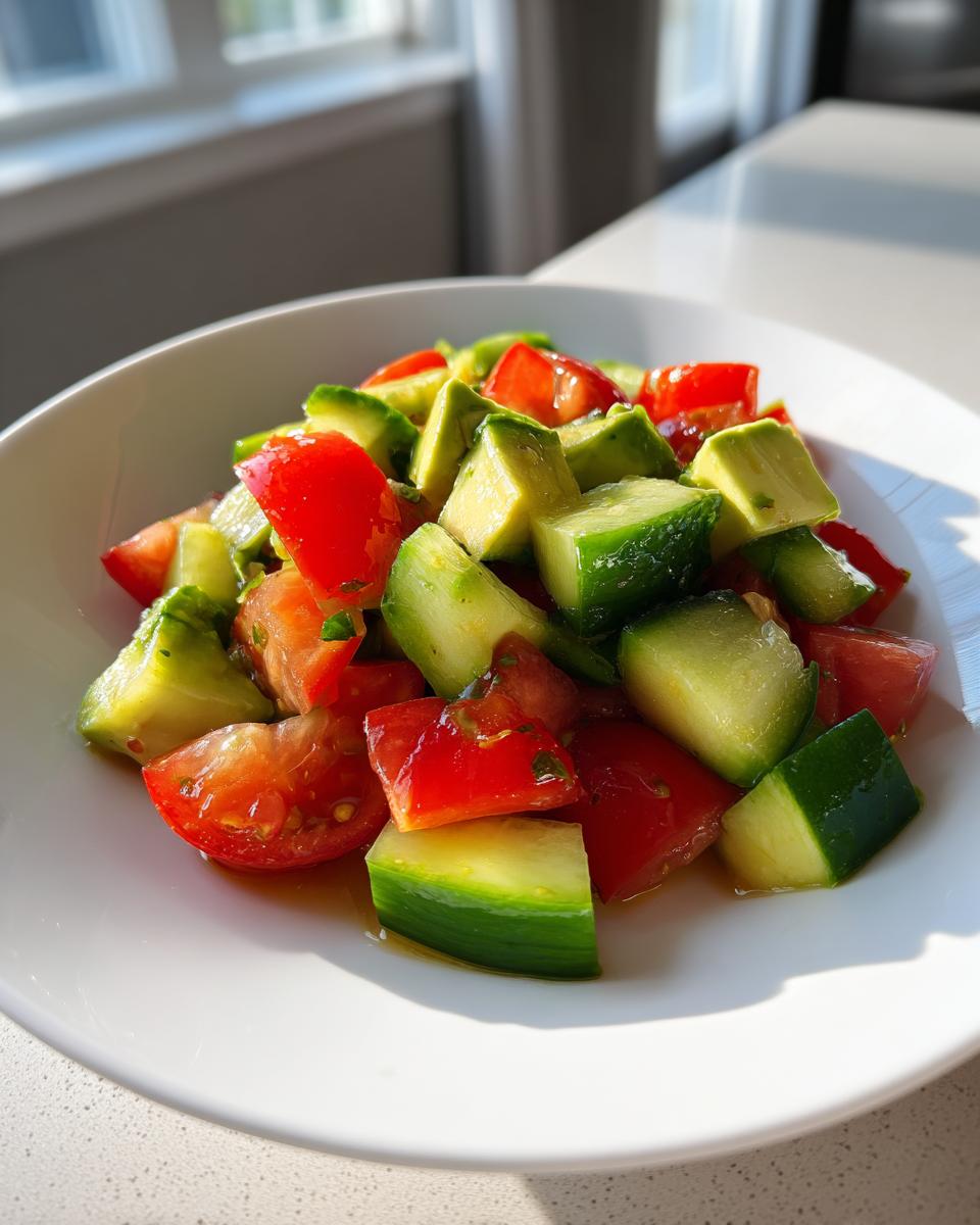 A close-up shot of diced avocado, cucumber, and tomato pieces making up a vibrant avocado salad in a white bowl.