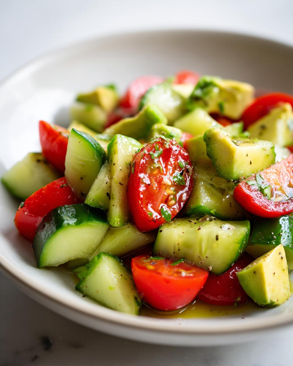 Close-up of a vibrant avocado salad featuring chunks of avocado, sliced cherry tomatoes, and cucumber, dressed with oil and herbs.