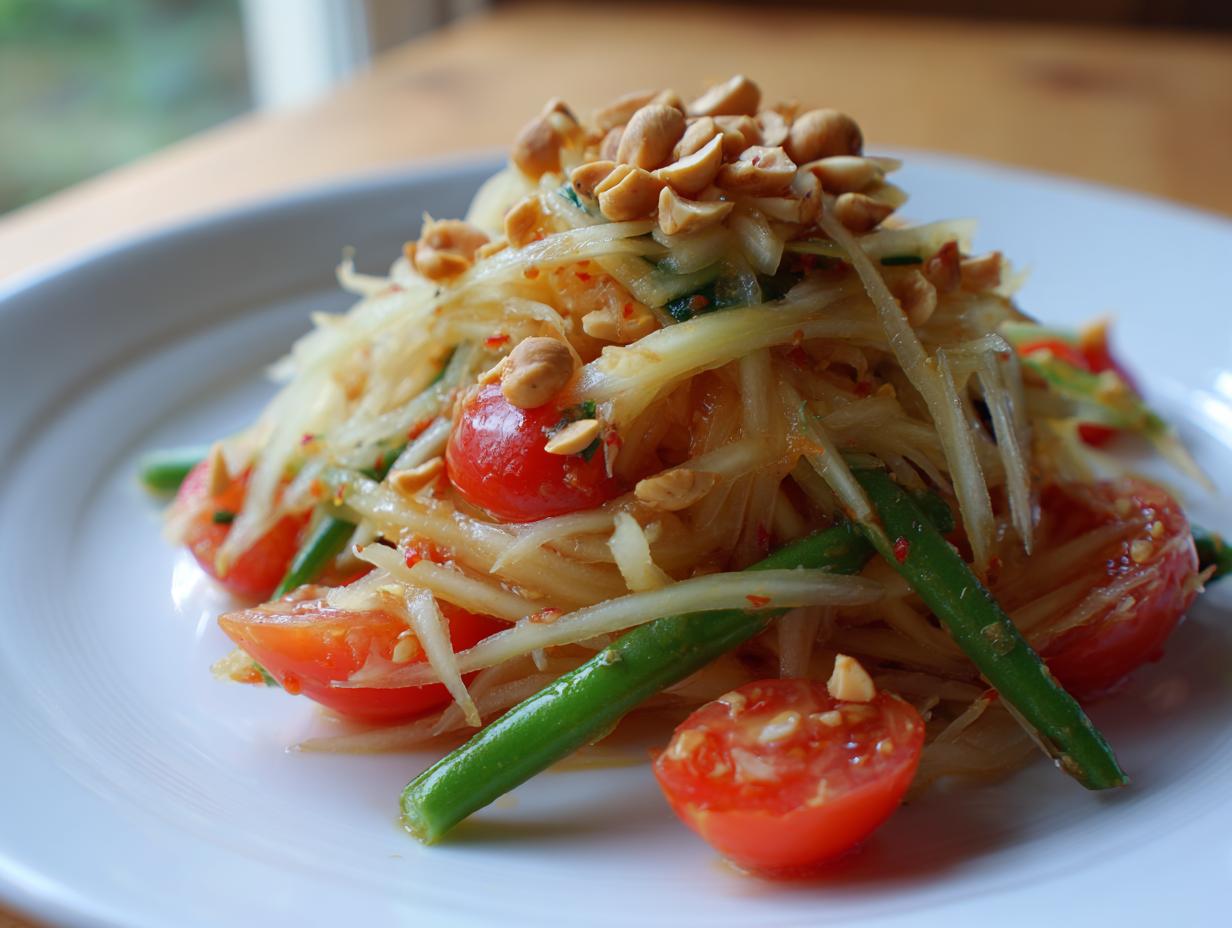 Close-up of a vibrant serving of fresh papaya salad topped with roasted peanuts and cherry tomatoes.