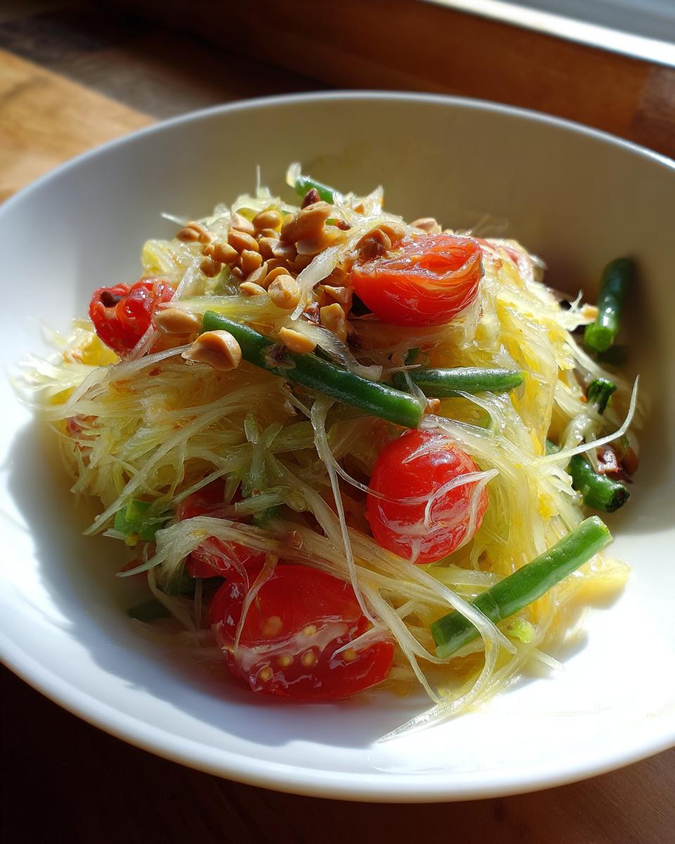 Close-up of vibrant papaya salad featuring shredded green papaya, cherry tomatoes, green beans, and topped with peanuts.