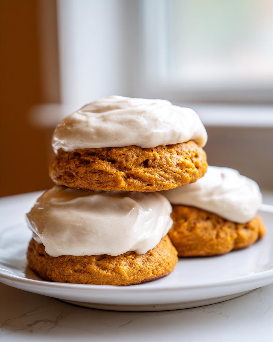 A stack of three thick, orange pumpkin cookie halves generously topped with creamy vanilla frosting.