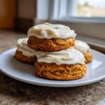 Close-up of three stacked, soft pumpkin cookie rounds topped with thick cream cheese frosting.