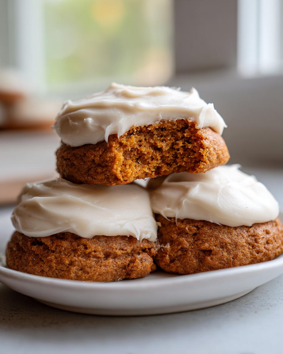 Three soft, frosted pumpkin cookie treats stacked on a white plate, one with a bite missing.