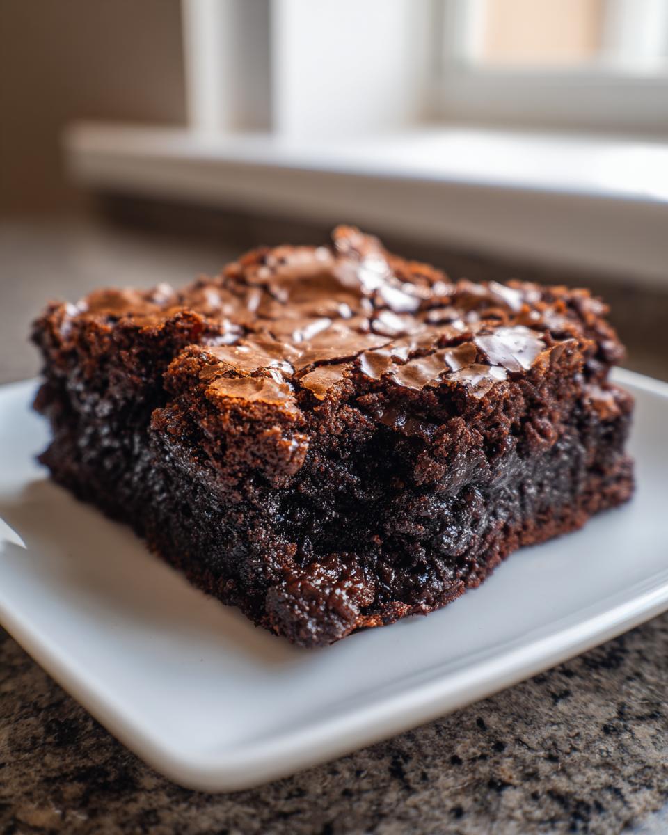 A close-up of a rich, fudgy brownies square with a shiny, cracked top served on a white plate.