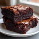 Close-up of three fudgy brownies stacked on a white plate, showing a rich, dark interior and shiny top crust.