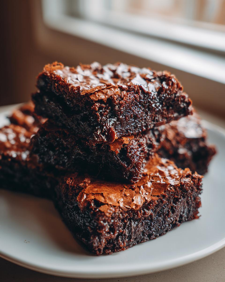 Close-up of a stack of incredibly fudgy brownies featuring shiny, crackly tops.
