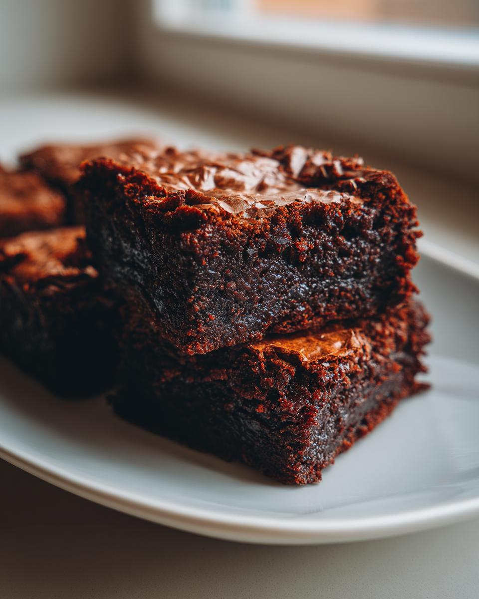 Close-up of two stacked, incredibly fudgy brownies with a shiny, crackly top, ready to eat.