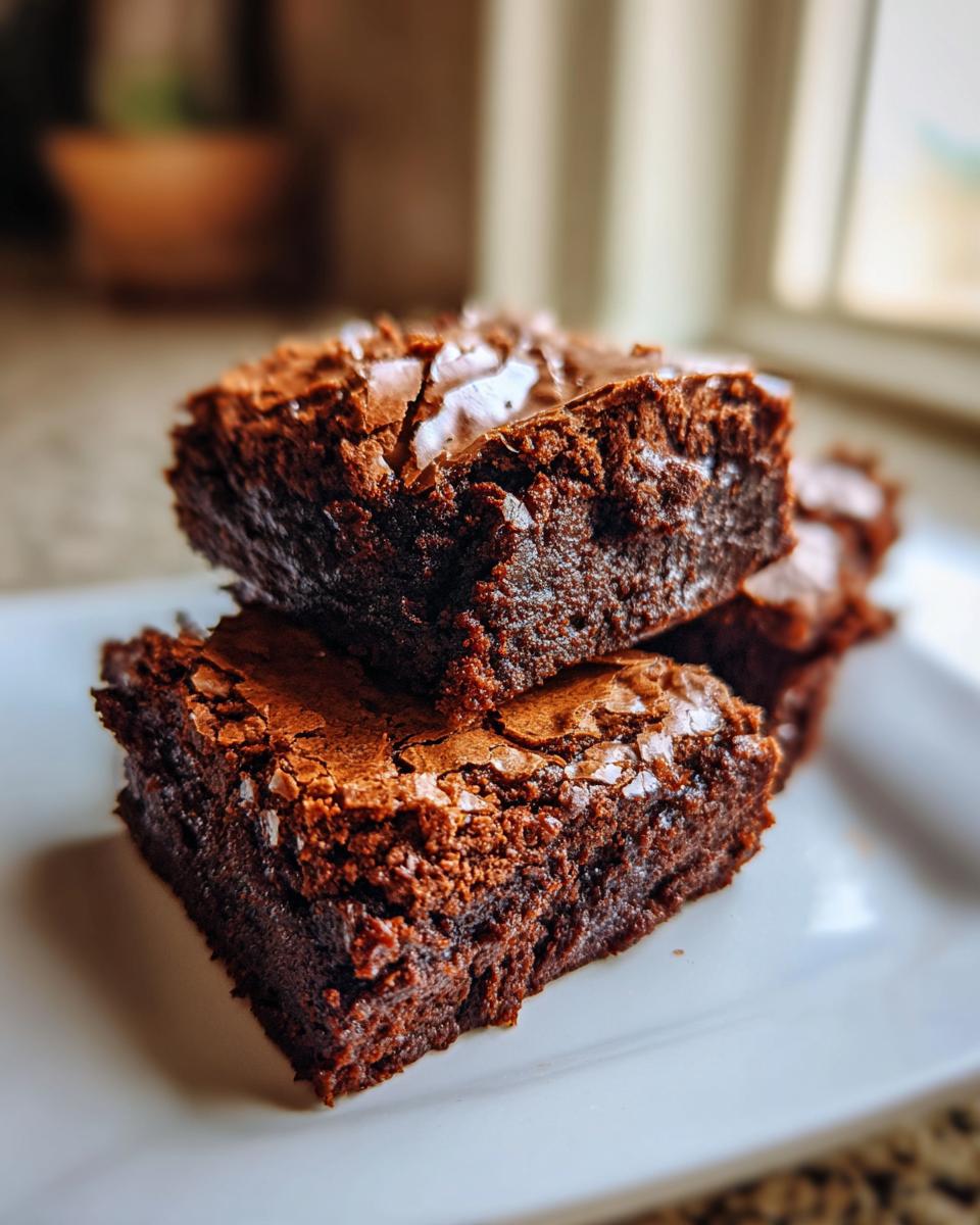 Close-up of two stacked, fudgy brownies showing their dense texture and shiny, crackled tops.