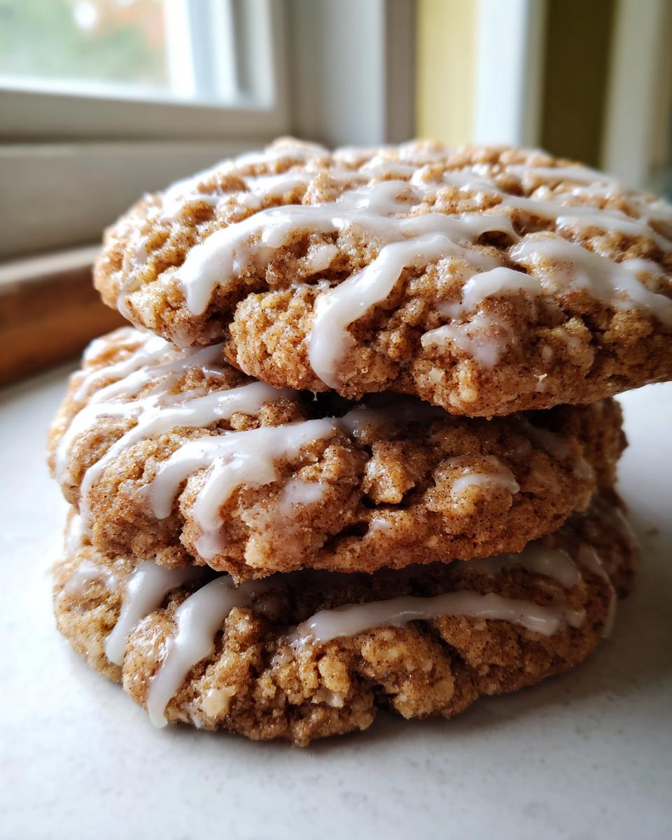 A close-up stack of three textured, cinnamon-spiced coffee cake cookies drizzled with white vanilla glaze.