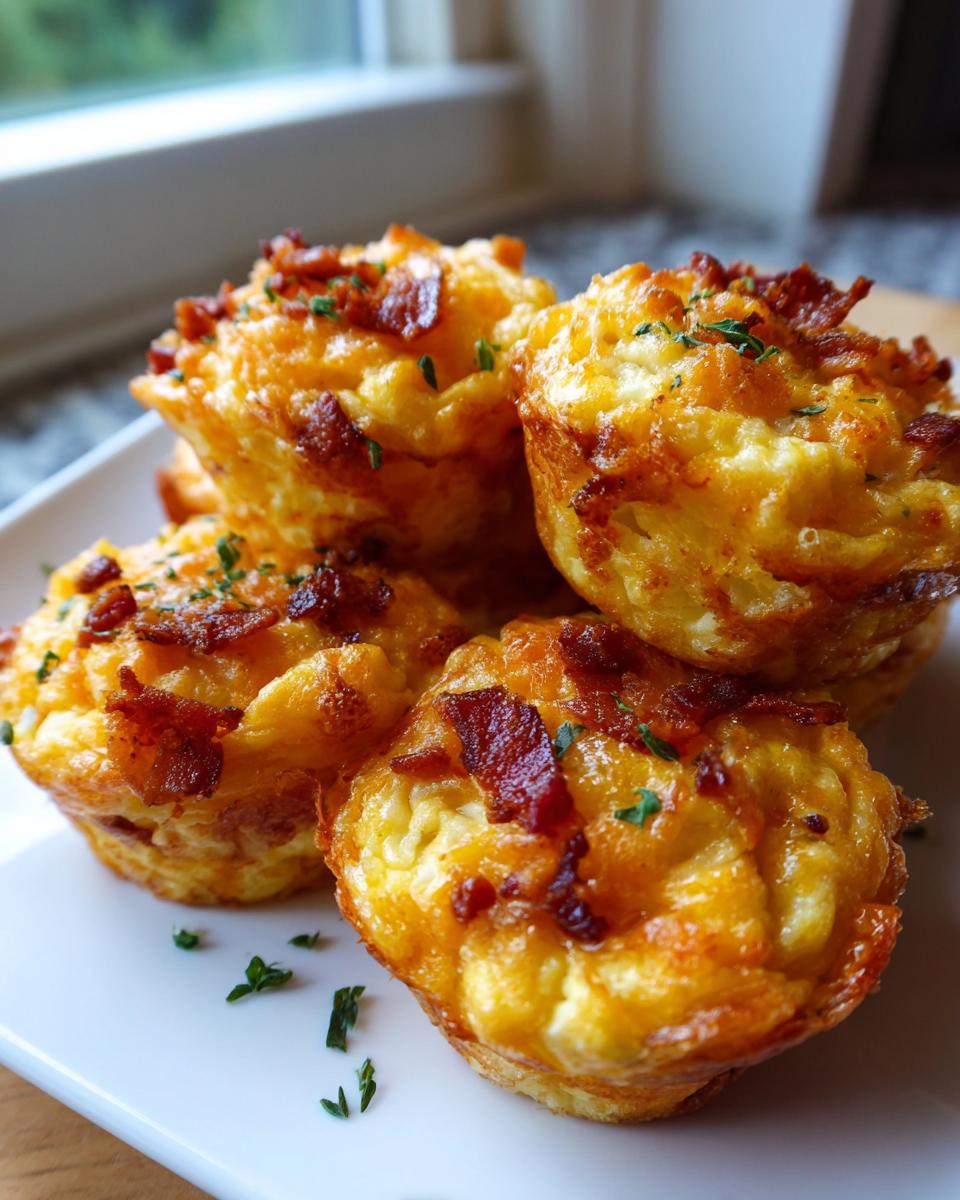 A close-up of four golden brown, fluffy egg bites topped with crispy bacon pieces and parsley.